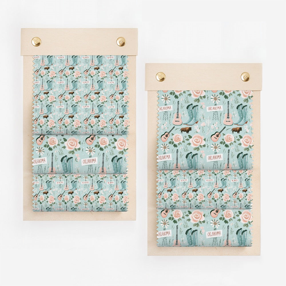 Oklahoma Themed Floral and Guitar Pattern Fabric Swatches