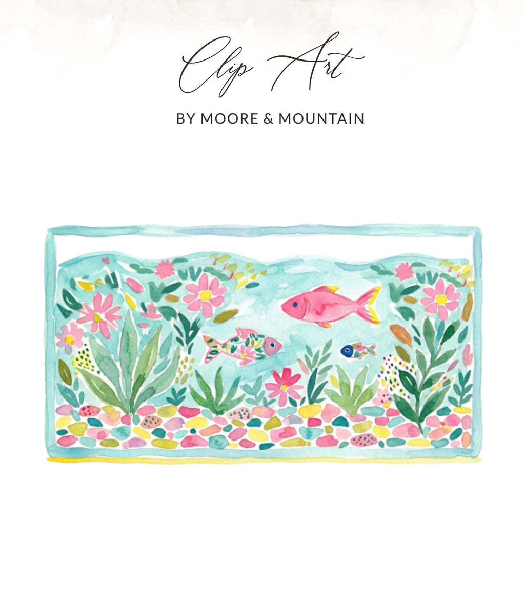 Watercolor aquarium with pink fish, colorful pebbles, and green plants.