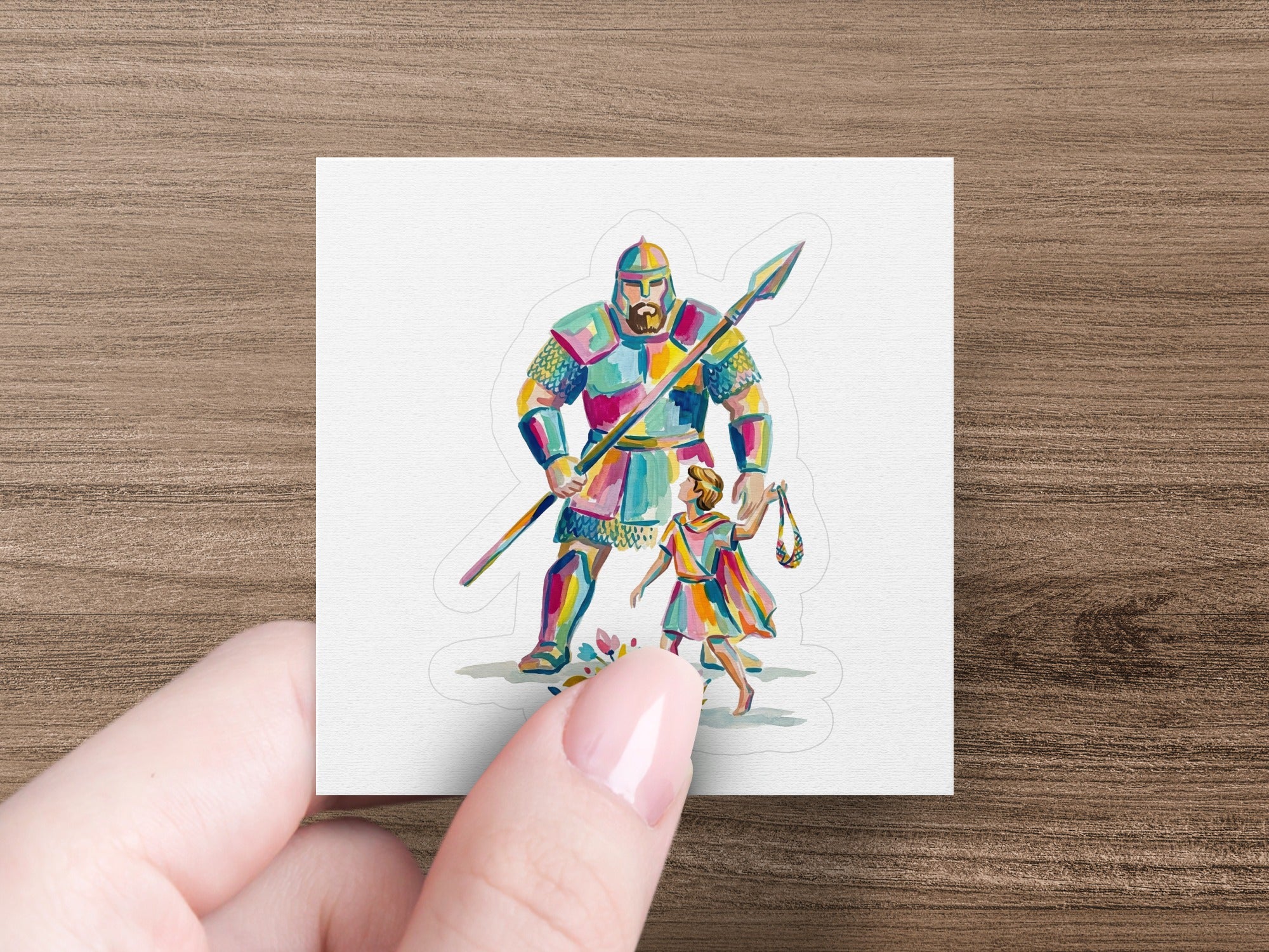 Soldier with spear and woman holding a purse, colorful illustration.