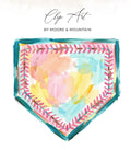 Baseball home plate with colorful watercolor splashes and stitch border.