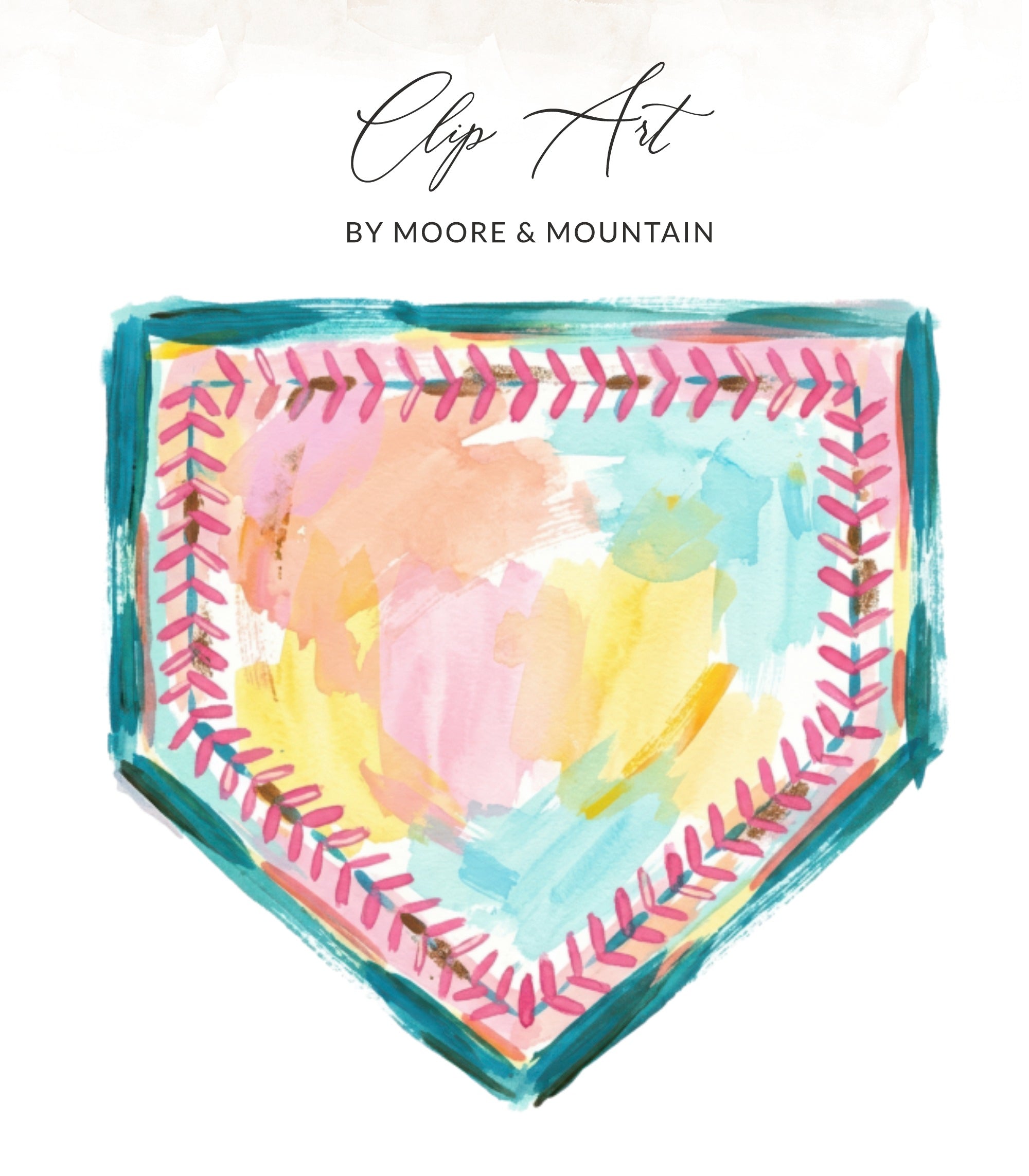 Baseball home plate with colorful watercolor splashes and stitch border.