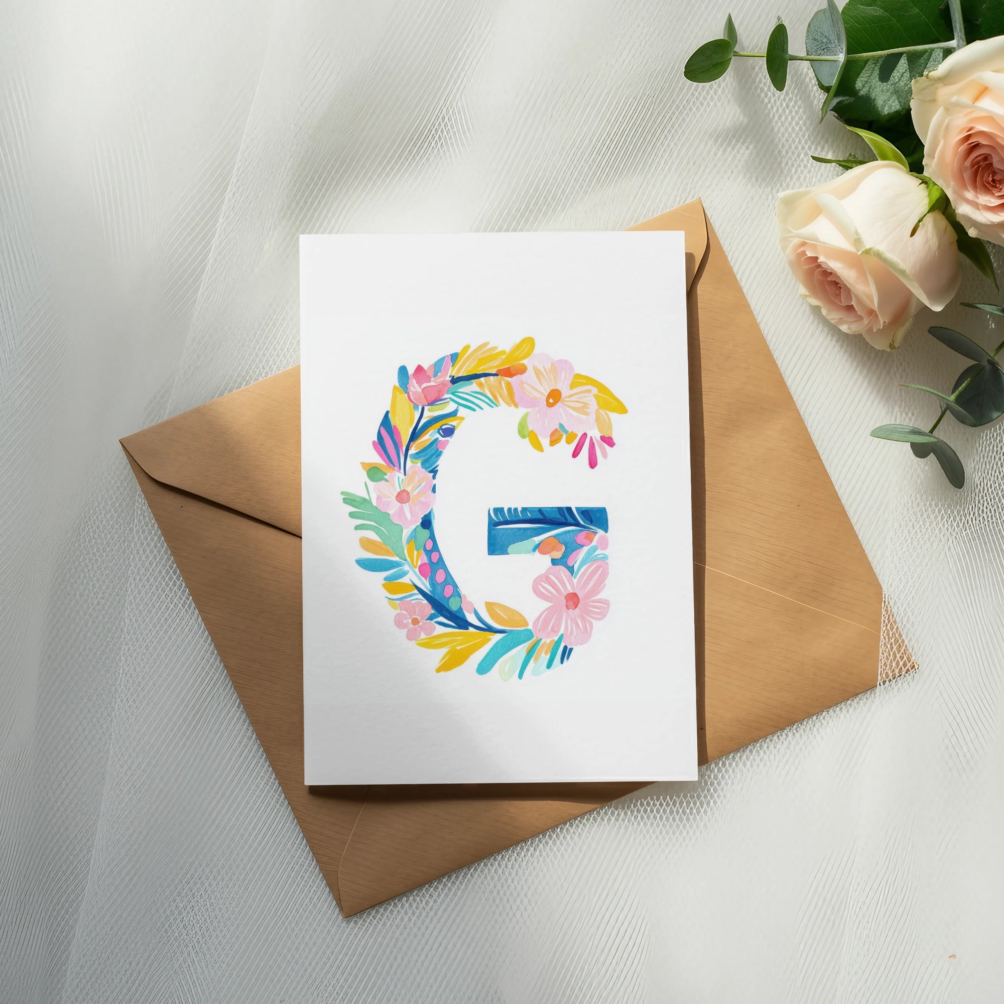 Card with a colorful floral letter G design on a kraft paper envelope.