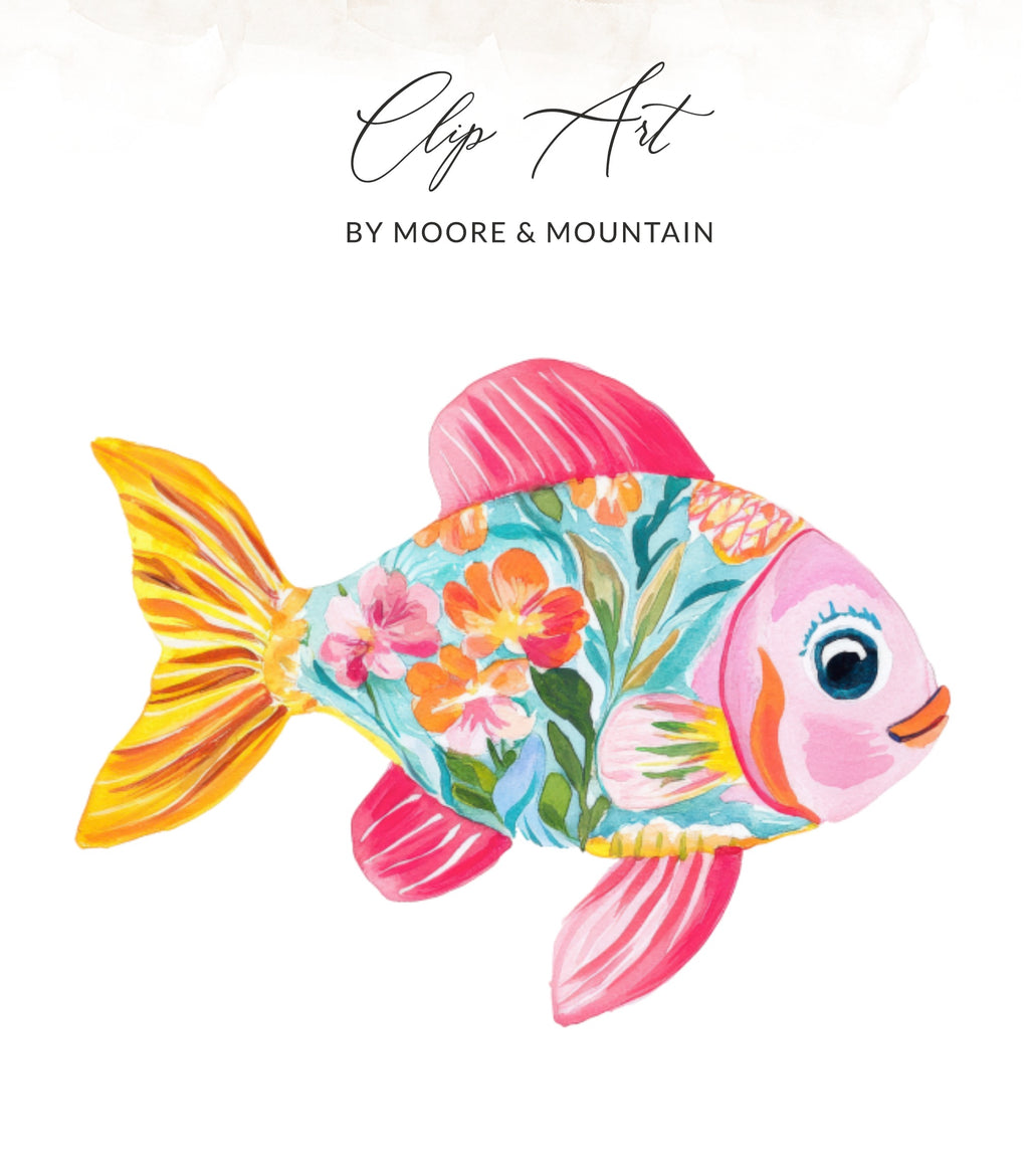 Watercolor goldfish with floral pattern, text "Clip Art".