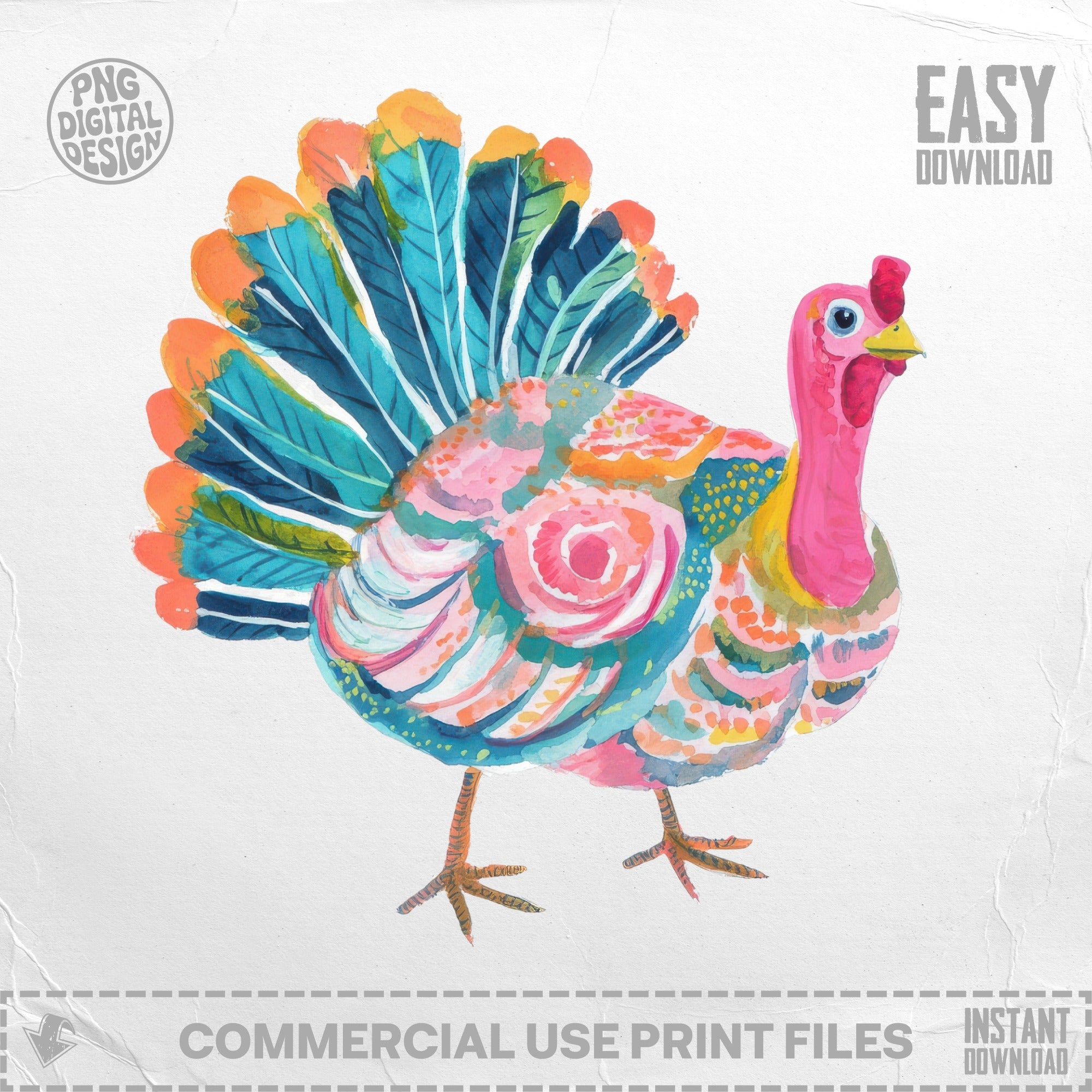 Watercolor illustration of a colorful turkey with spread tail feathers.
