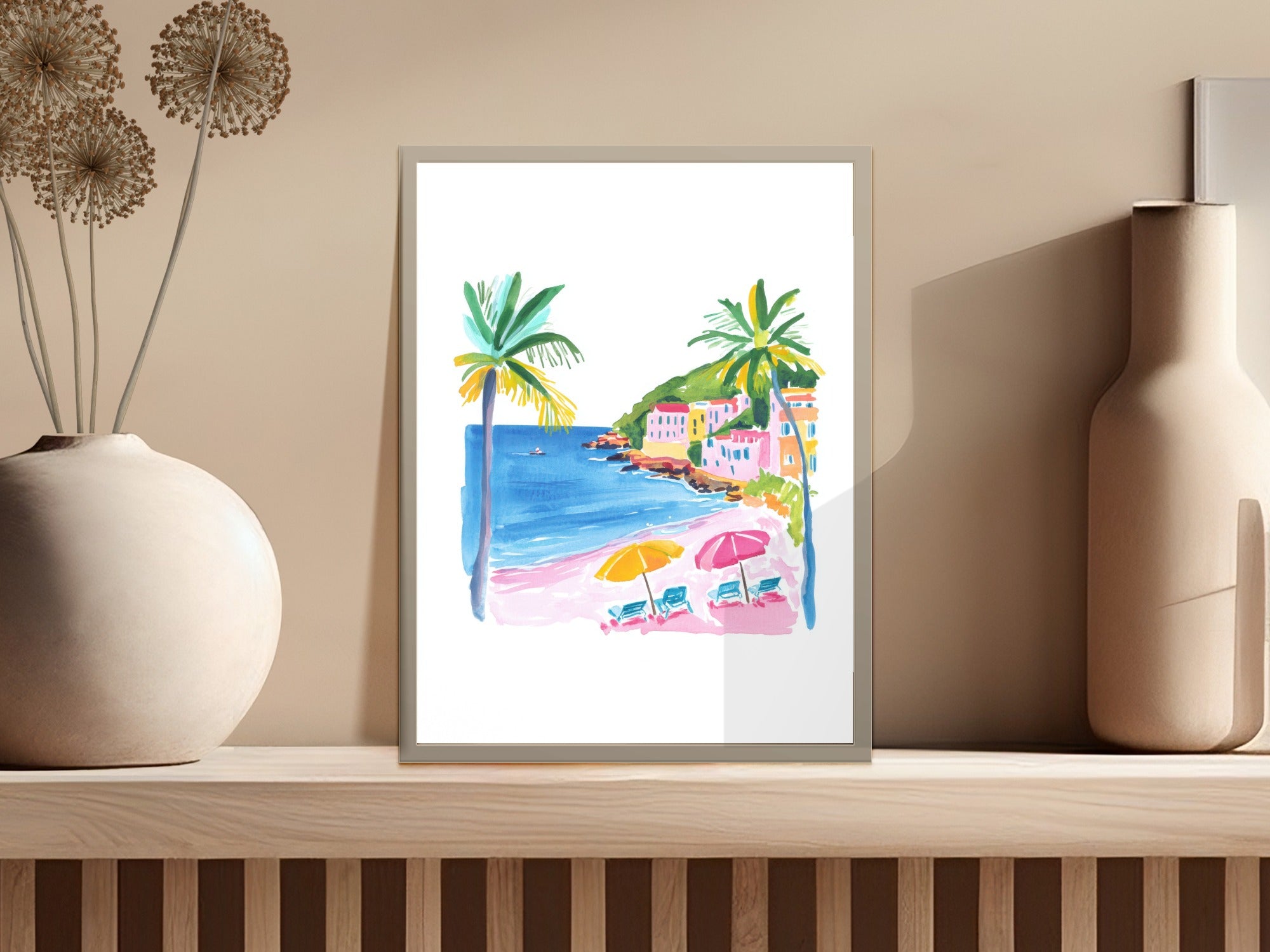 Watercolor painting of a beach scene with palm trees, umbrellas, and buildings.