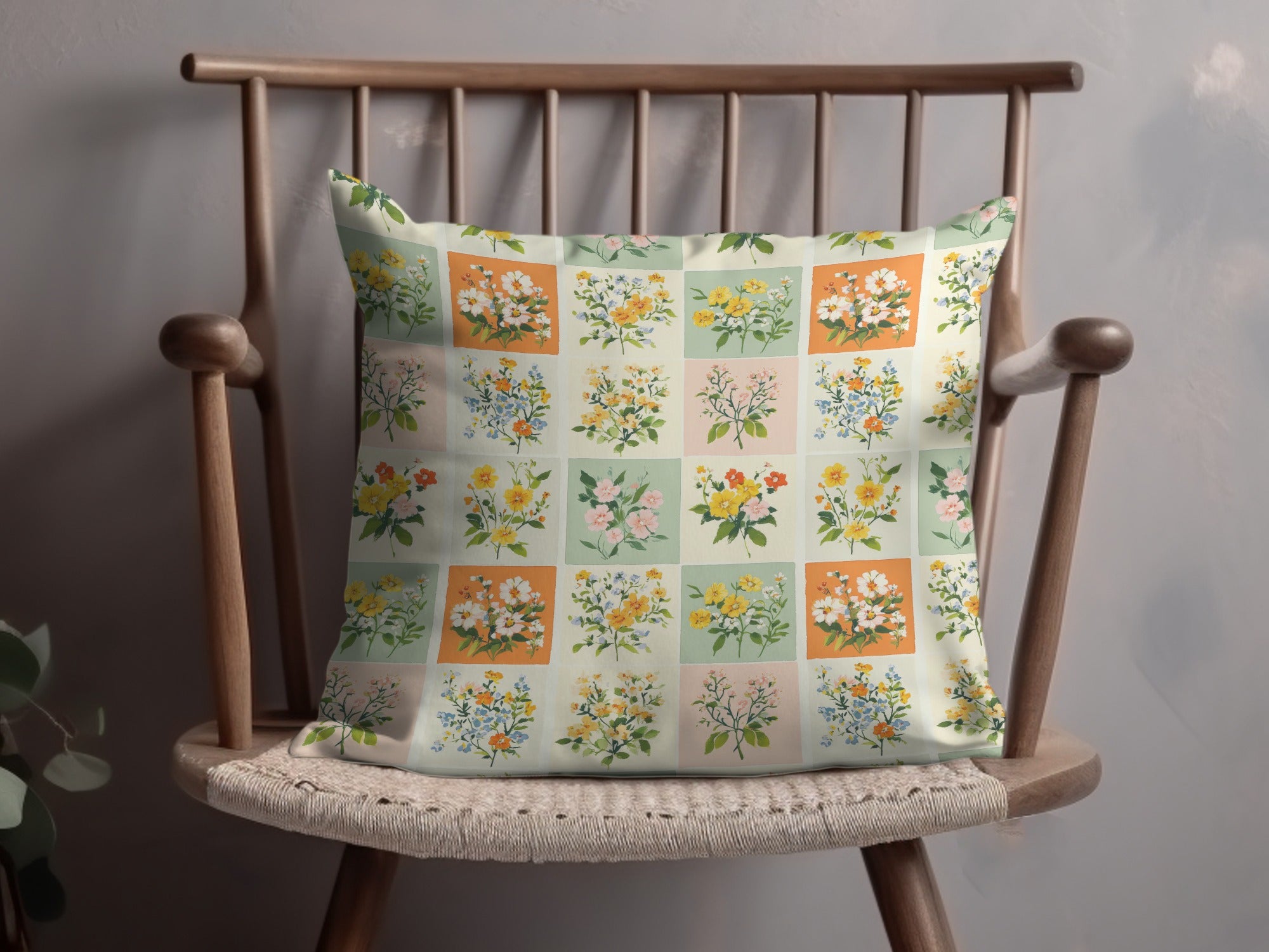 Colorful Patchwork Floral Design Throw Pillow