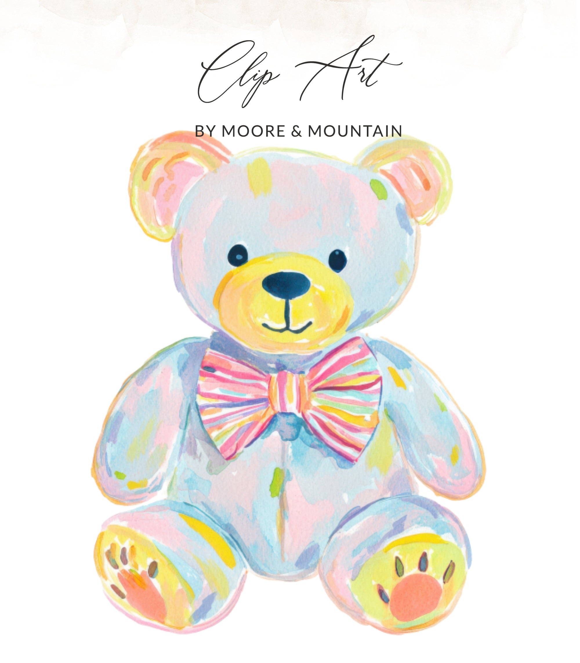 Watercolor teddy bear with pastel stripes and a pink bowtie.