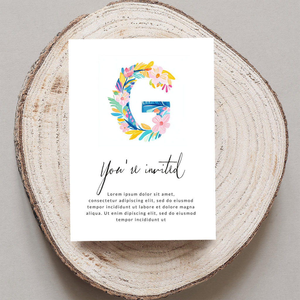 Invitation card with "You're invited" text and floral "G" illustration.