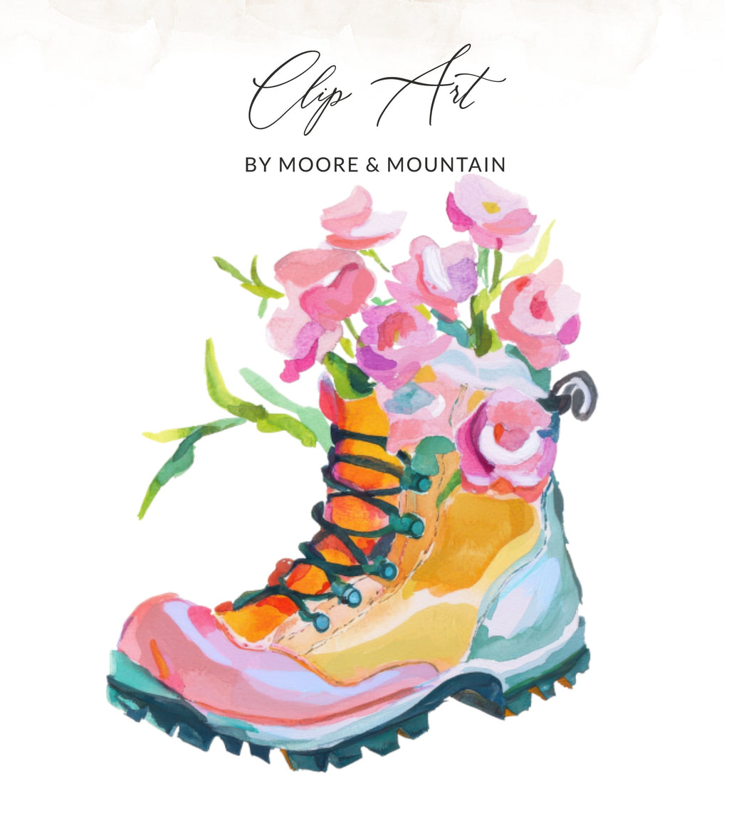 Watercolor hiking boot with pink flowers and "Clip Art By Moore & Mountain" text.