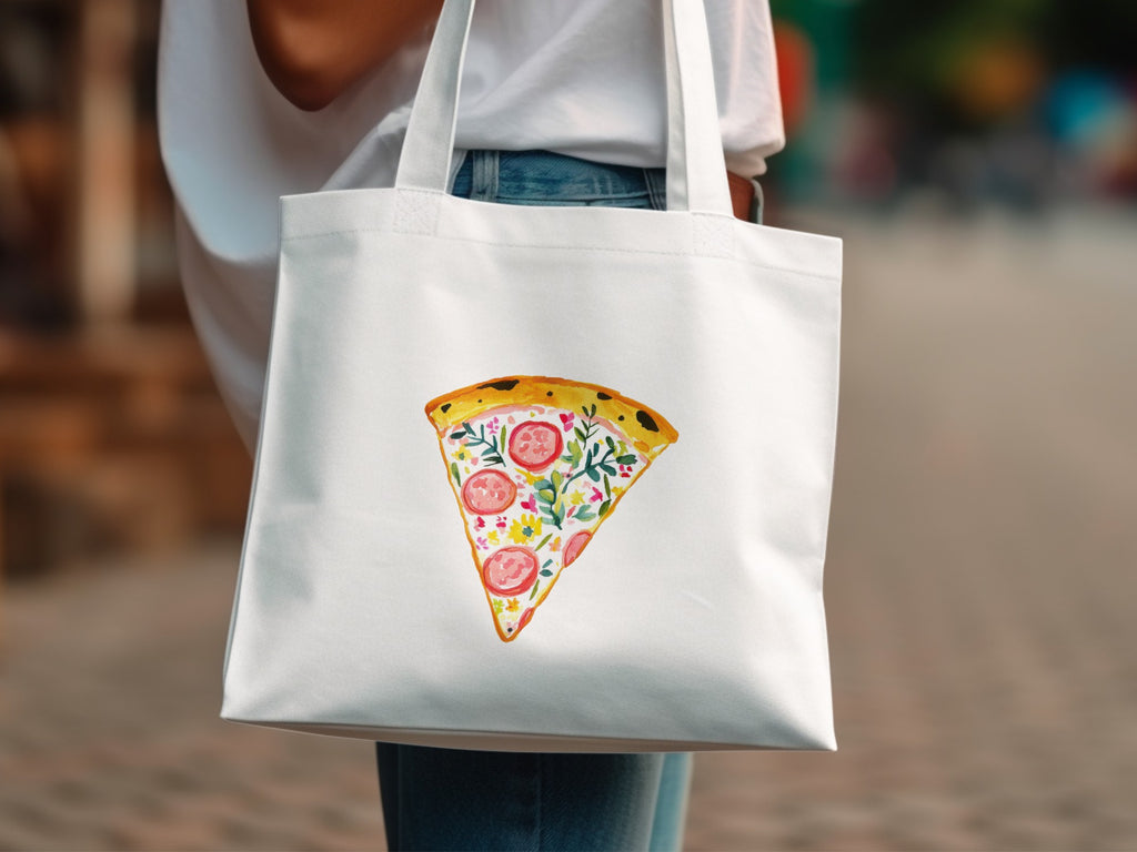 White tote bag with a watercolor slice of pizza illustration.