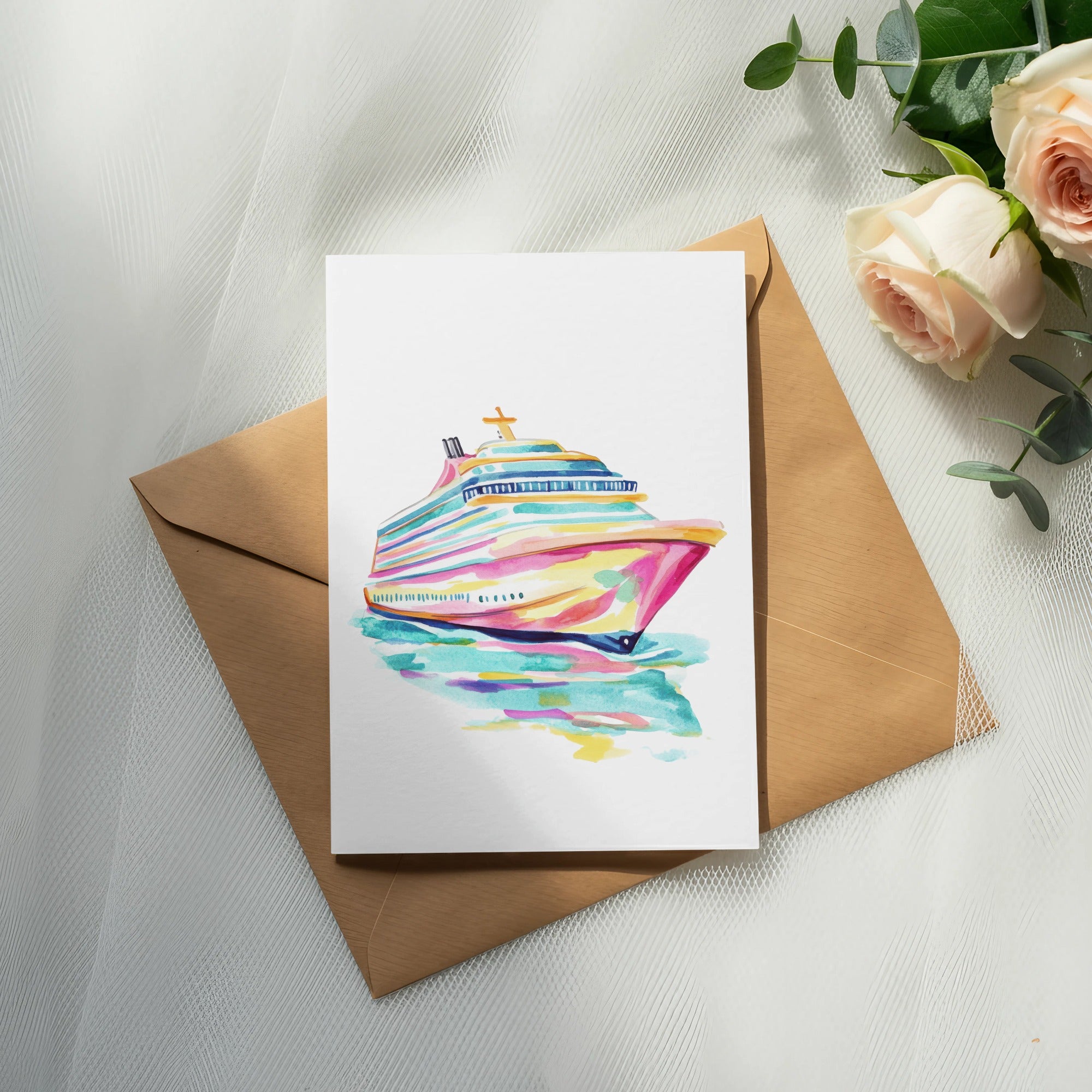 Watercolor painting of a colorful cruise ship on a white card.