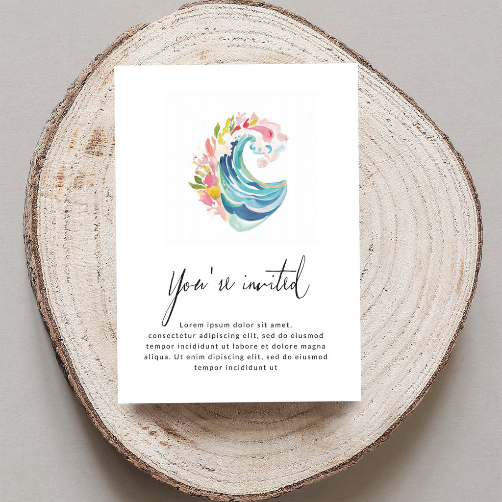 Invitation card with "You're invited" text and abstract wave design.