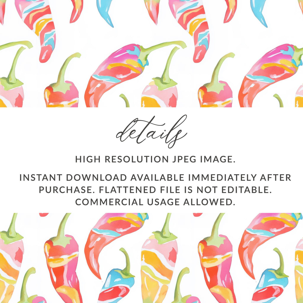 Watercolor chili peppers pattern, high resolution JPEG, instant download.