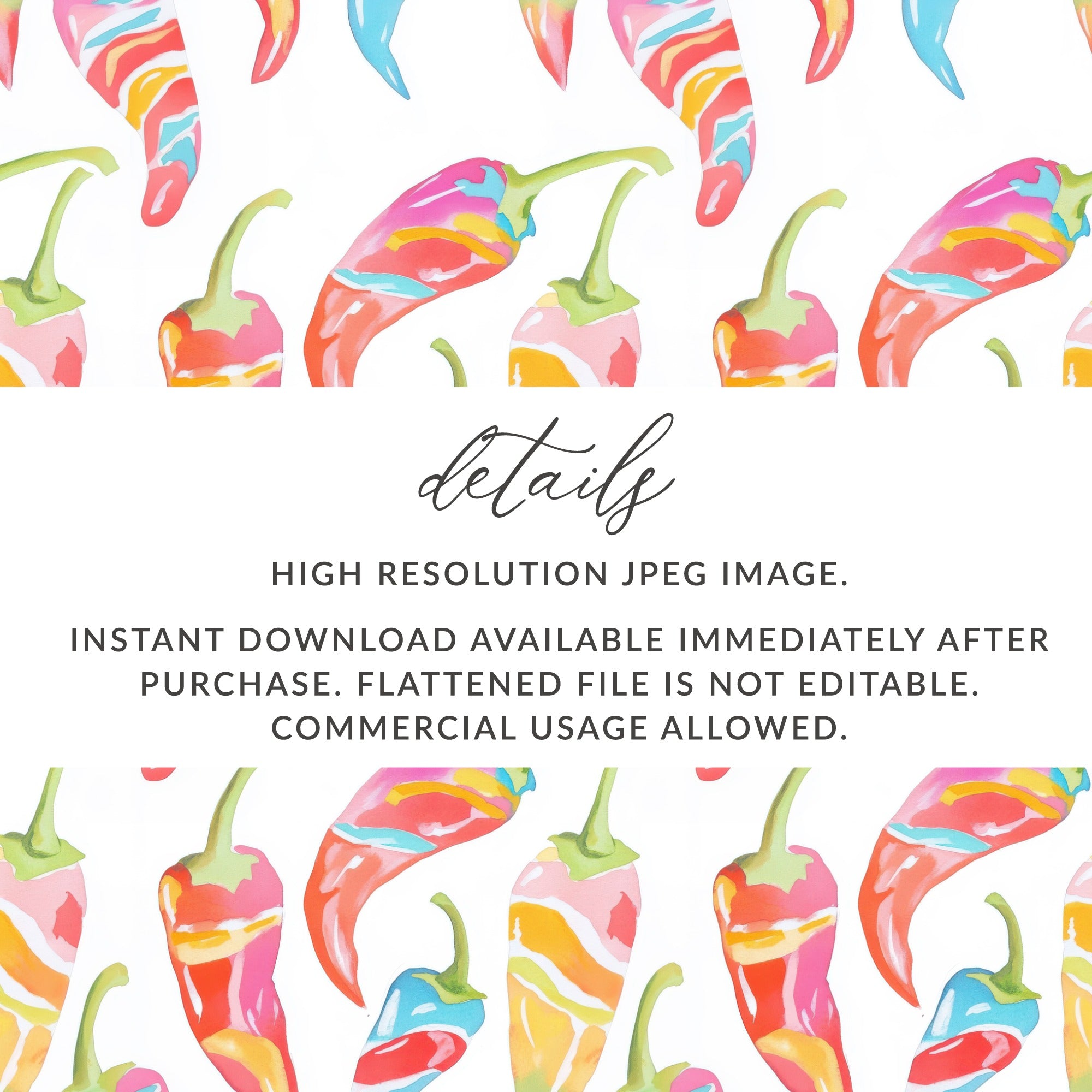 Watercolor chili peppers pattern, high resolution JPEG, instant download.