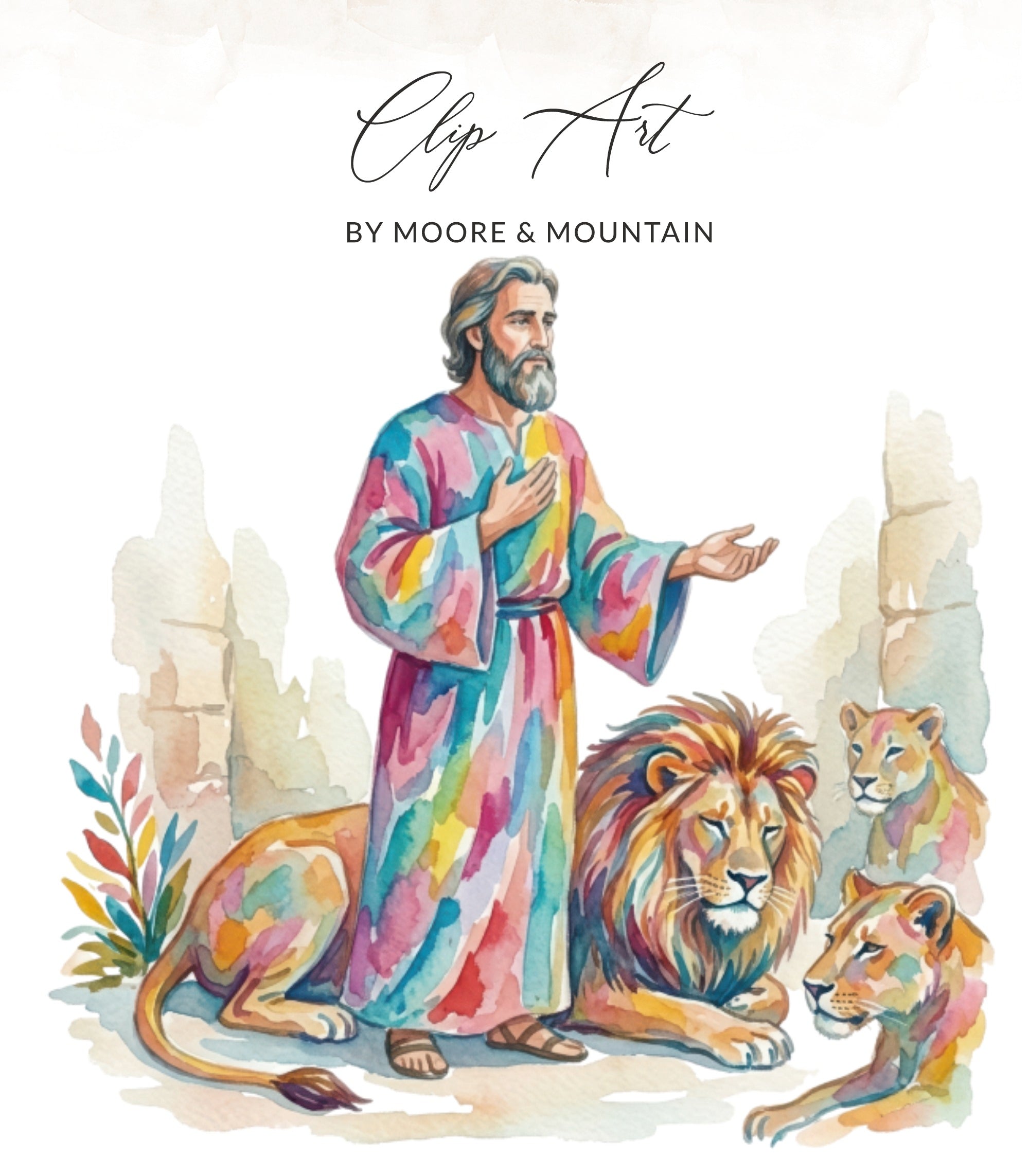 Man in colorful robe with lions in ancient setting.