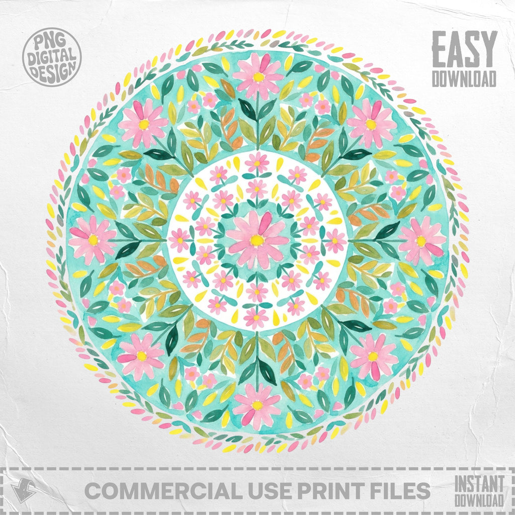 Watercolor mandala with pink flowers and green leaves, "Easy Download" text.
