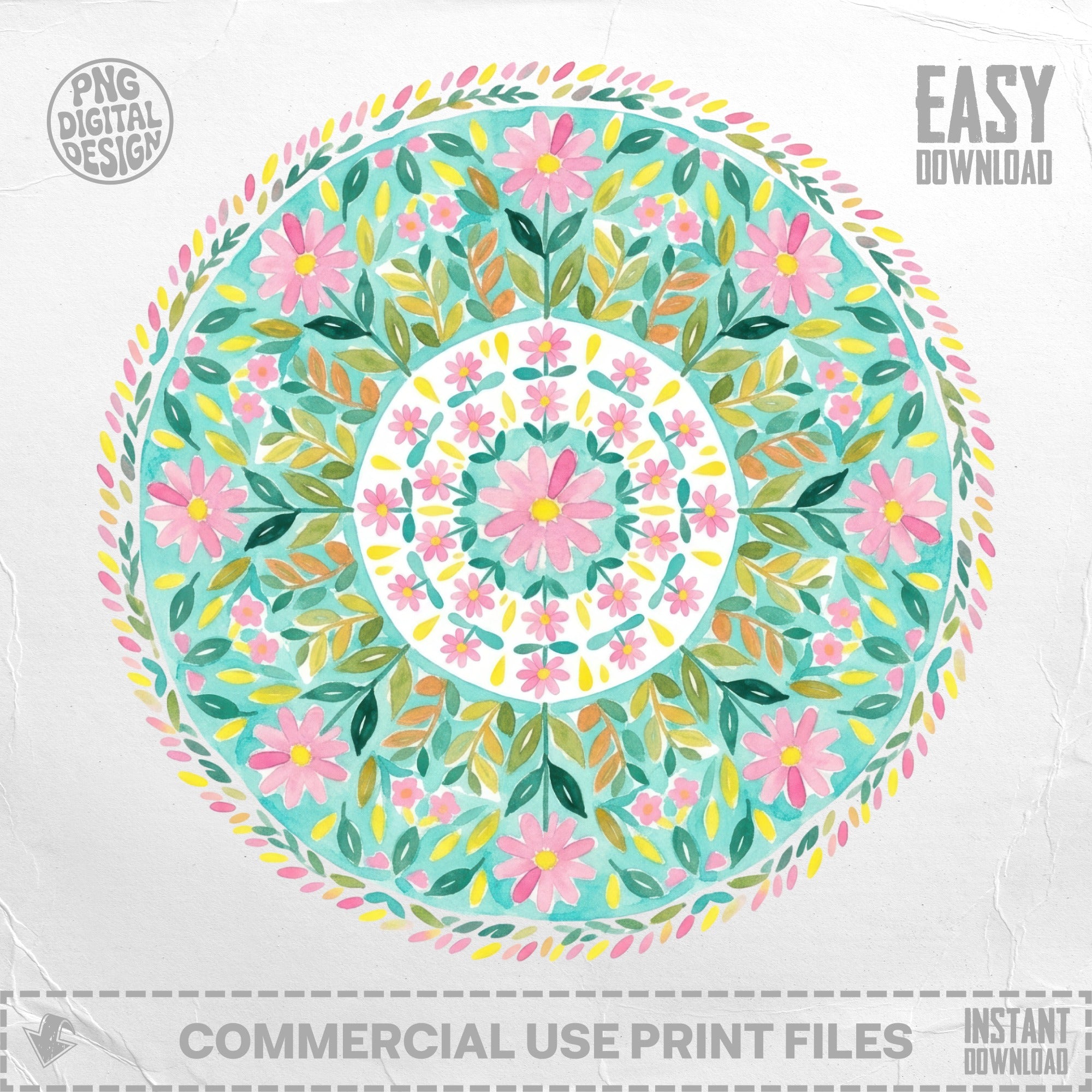 Watercolor mandala with pink flowers and green leaves, "Easy Download" text.
