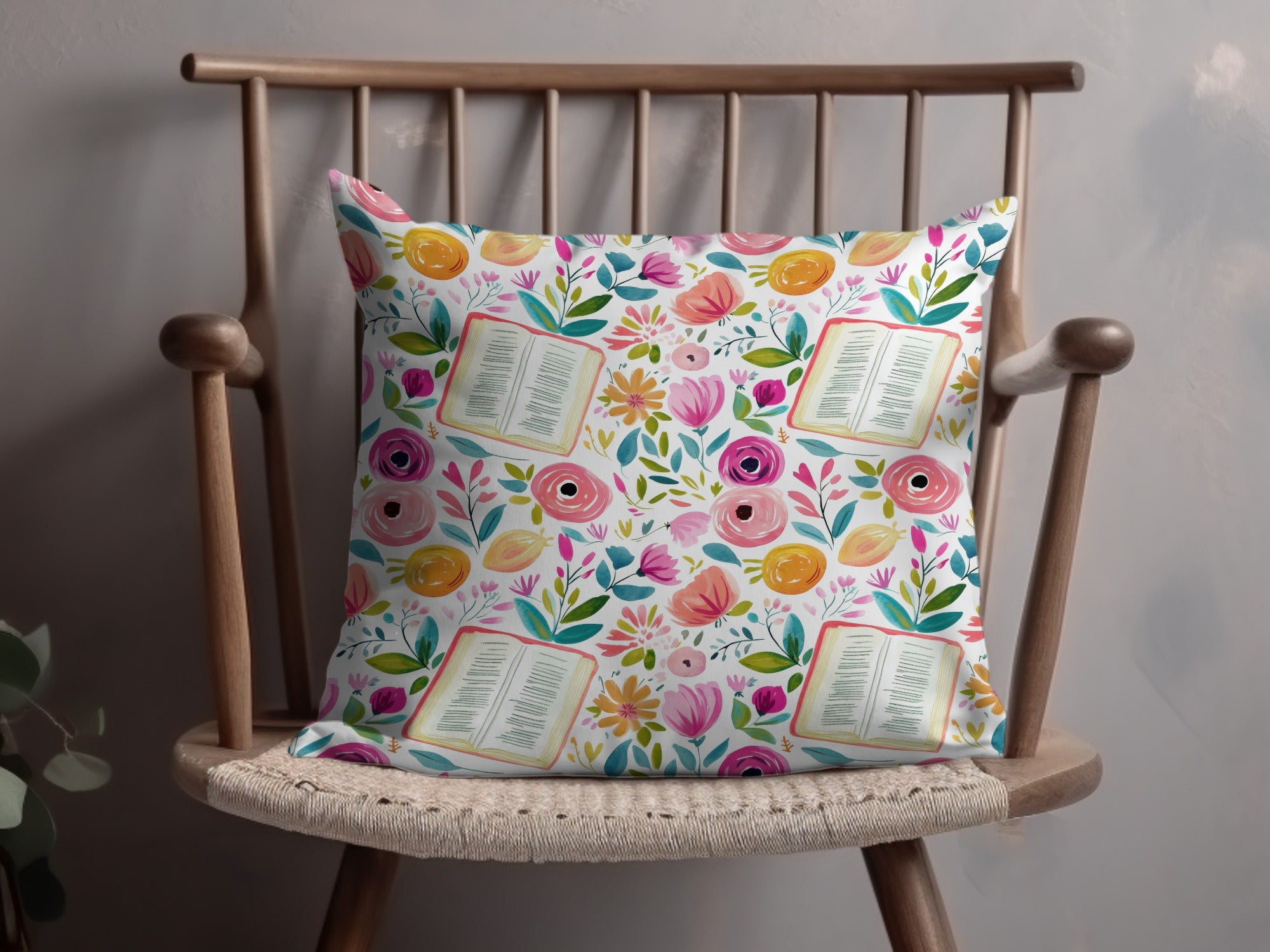 Colorful Floral and Book Theme Decorative Pillow