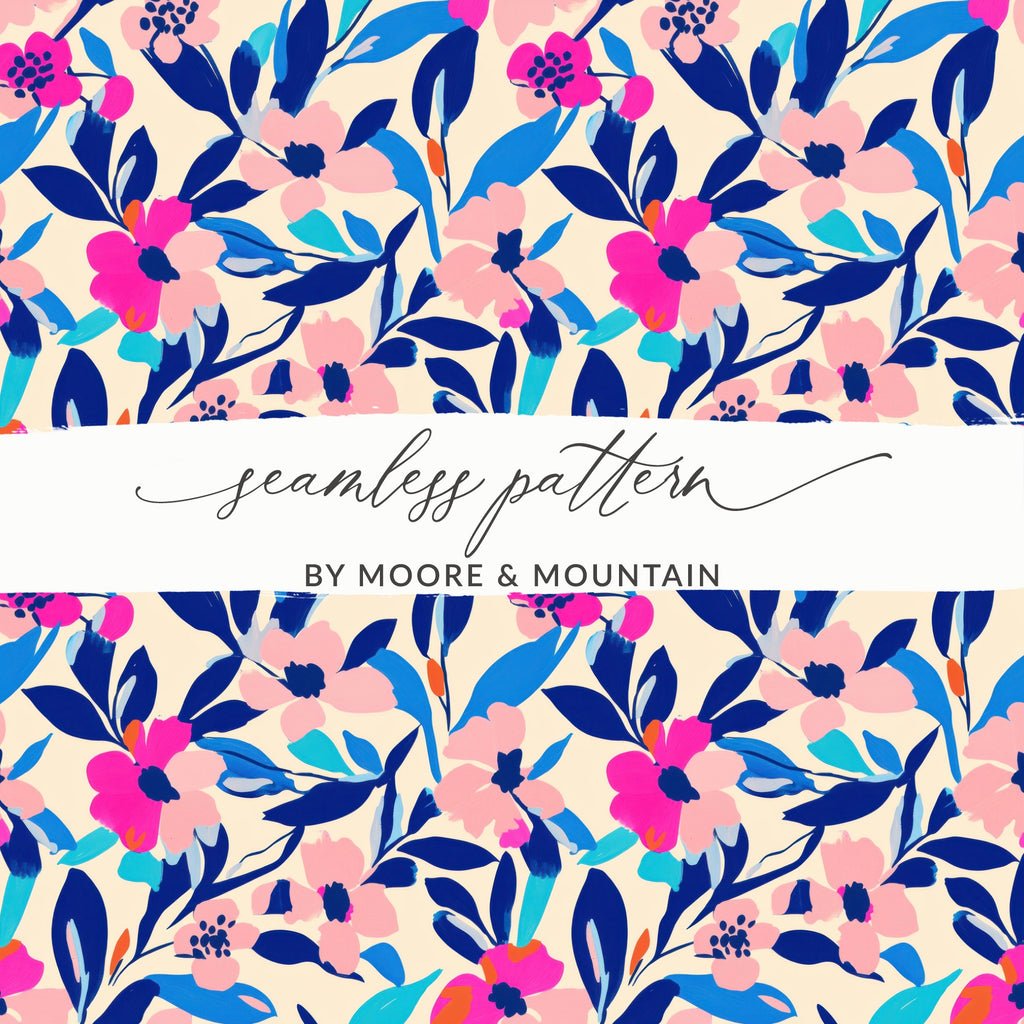 Seamless pattern with pink and blue floral motifs, text "seamless pattern BY MOORE & MOUNTAIN".