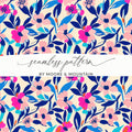Seamless pattern with pink and blue floral motifs, text "seamless pattern BY MOORE & MOUNTAIN".