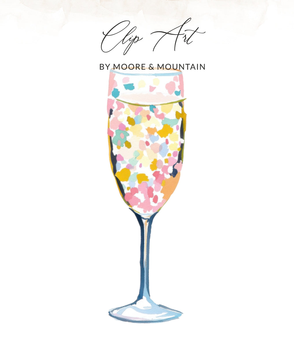 Champagne glass filled with colorful confetti, titled "Clip Art by Moore & Mountain".