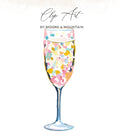 Champagne glass filled with colorful confetti, titled "Clip Art by Moore & Mountain".