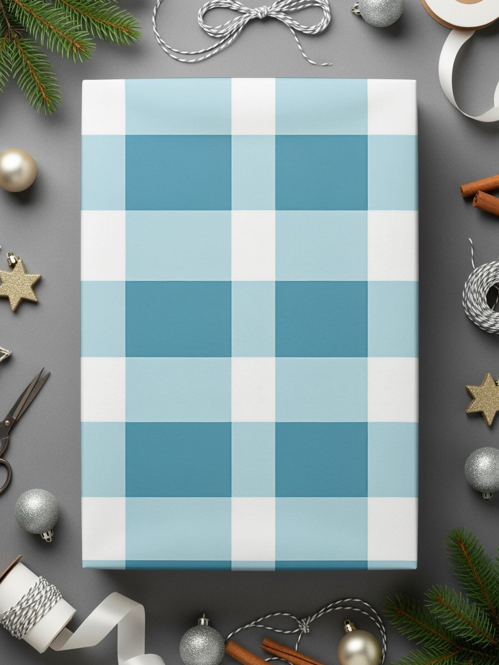 Blue and White Checkered Holiday Gift Wrap Paper