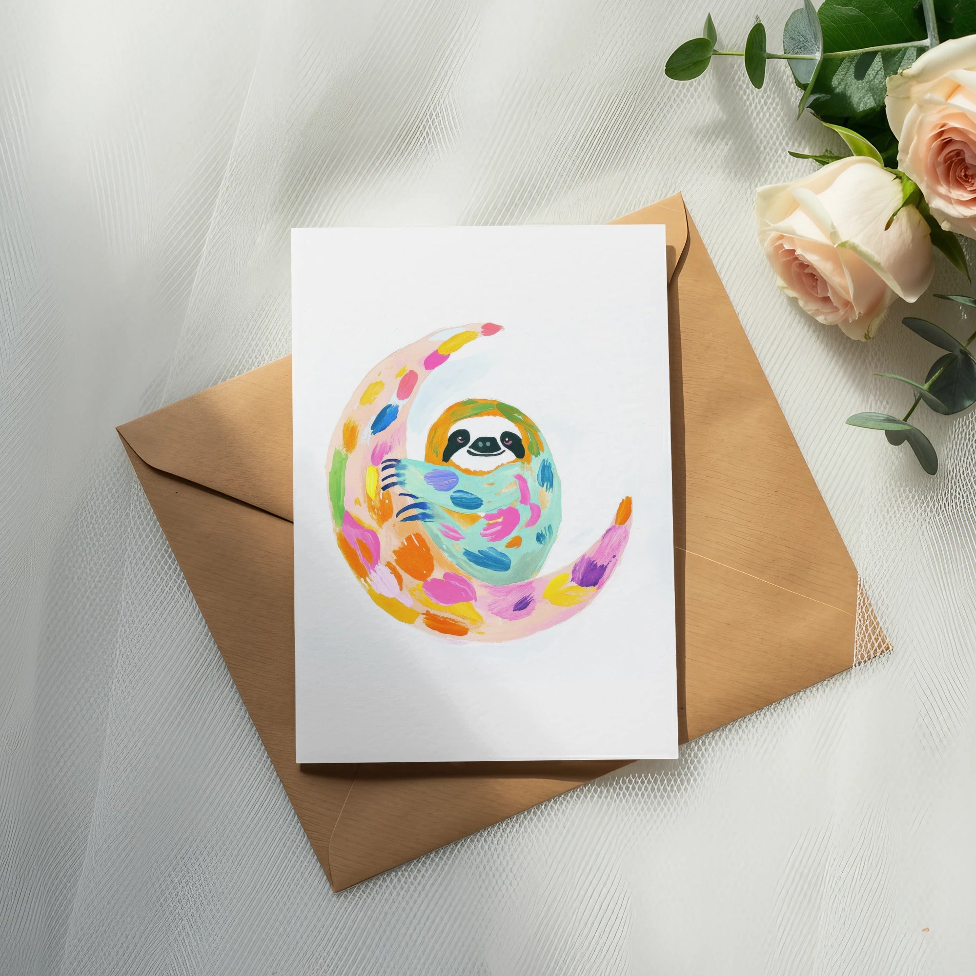 Sloth on a colorful crescent moon, on a brown envelope and roses.