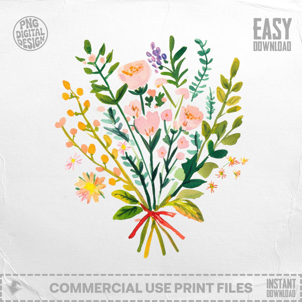Watercolor bouquet of pink and yellow flowers with green foliage, ribbon bow.