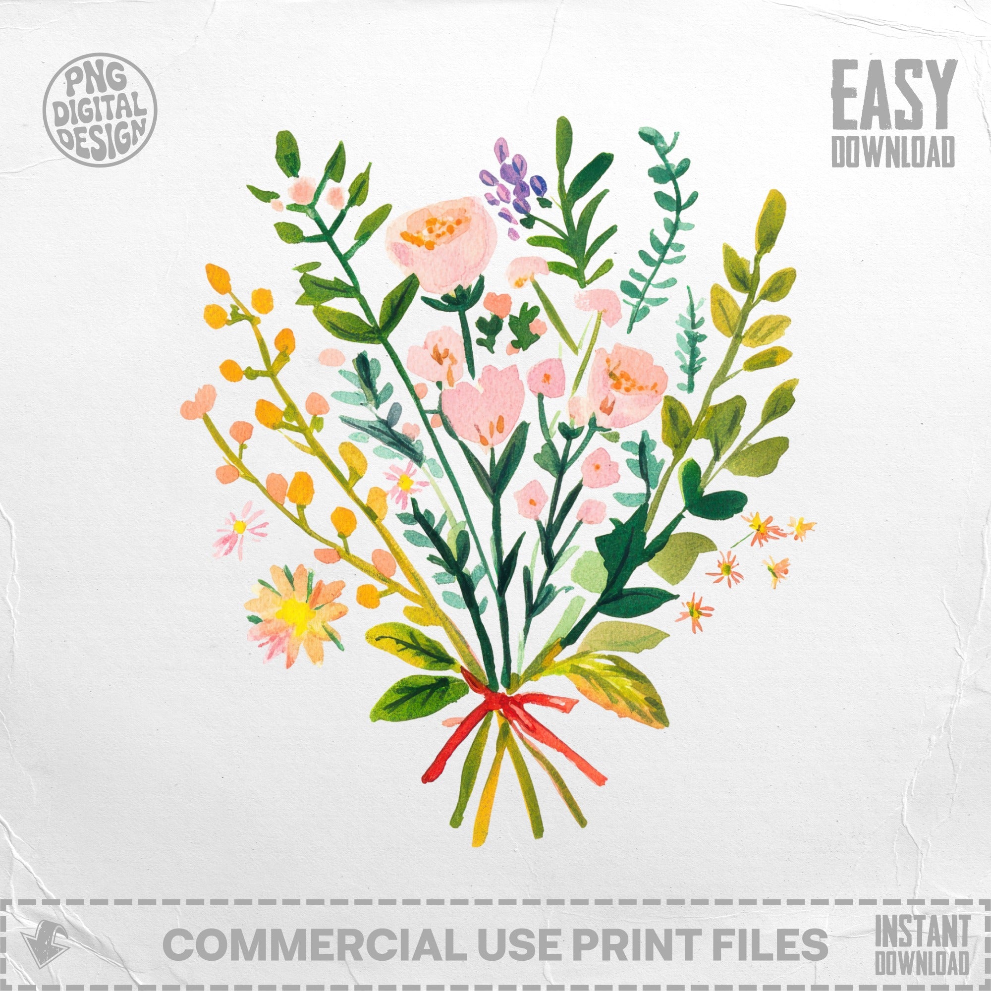 Watercolor bouquet of pink and yellow flowers with green foliage, ribbon bow.