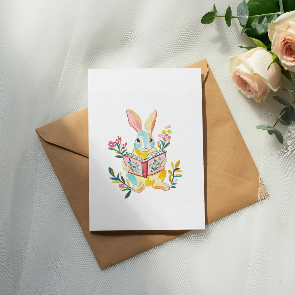 Illustration of a cartoon rabbit reading a book, surrounded by flowers.