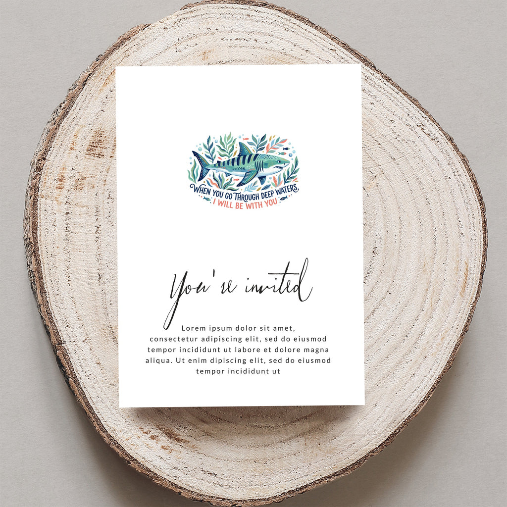 Invitation card with sharks, "You're invited" text, and placeholder copy.