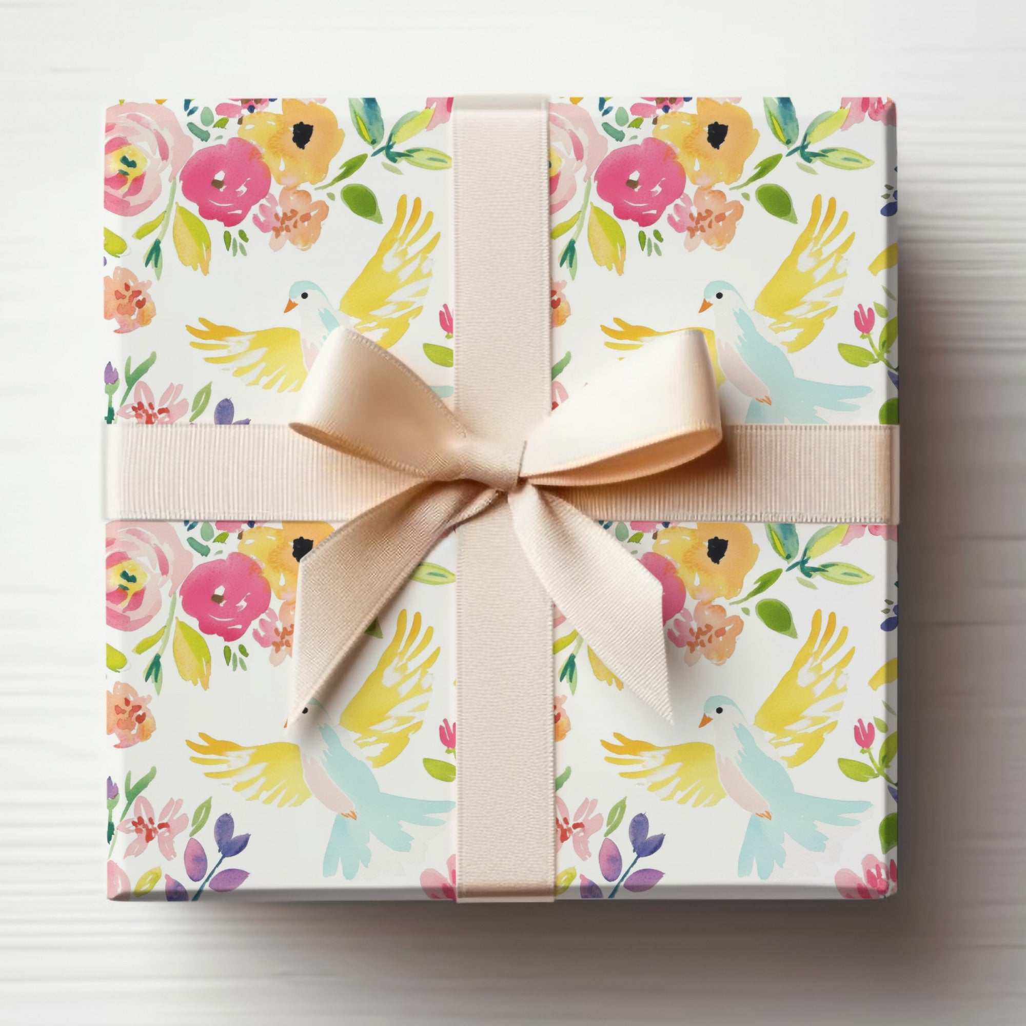 Floral Bird Design Gift Wrap with Pink Ribbon accents