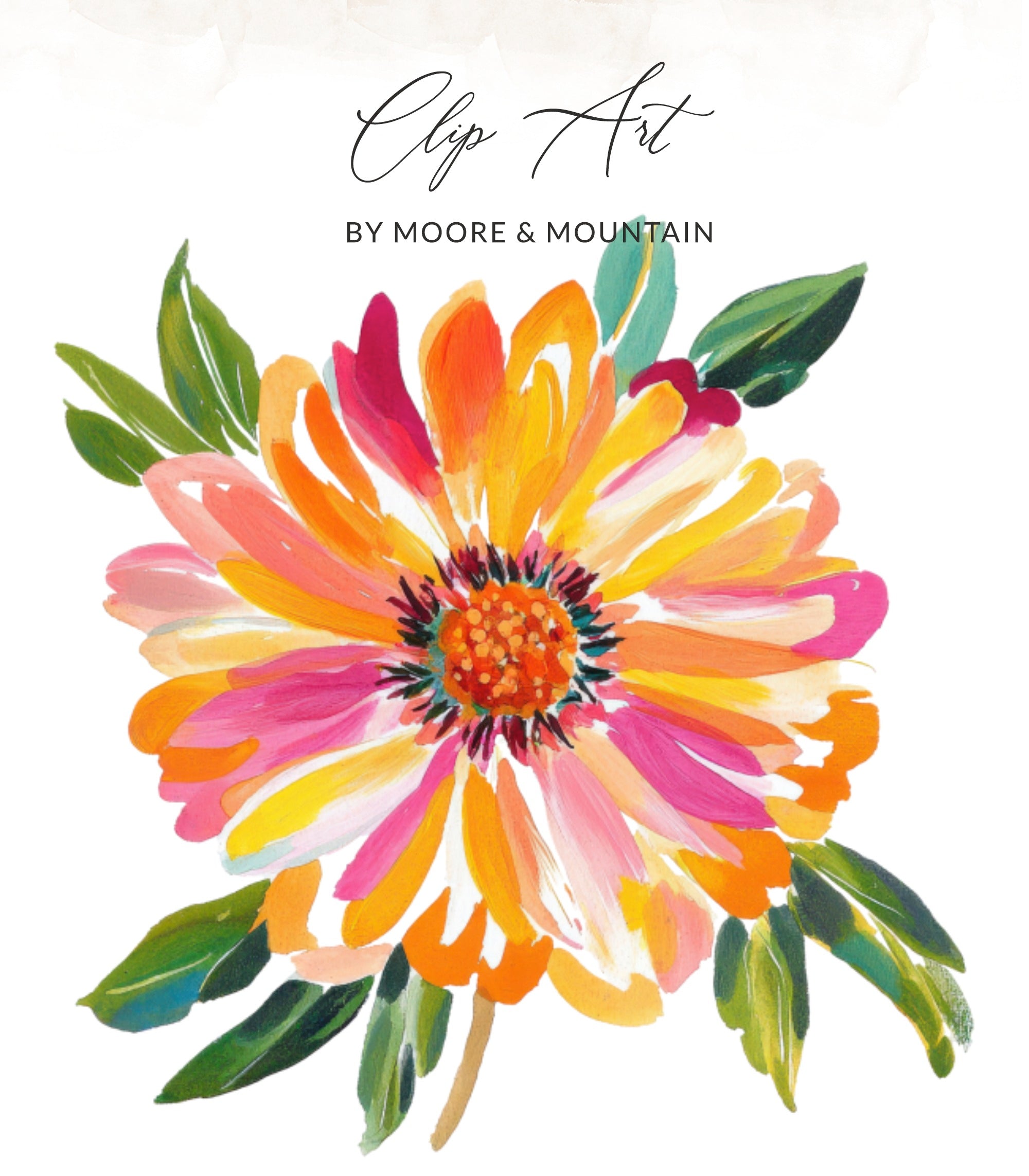 Colorful painted flower with "Clip Art" and "BY MOORE & MOUNTAIN" text.