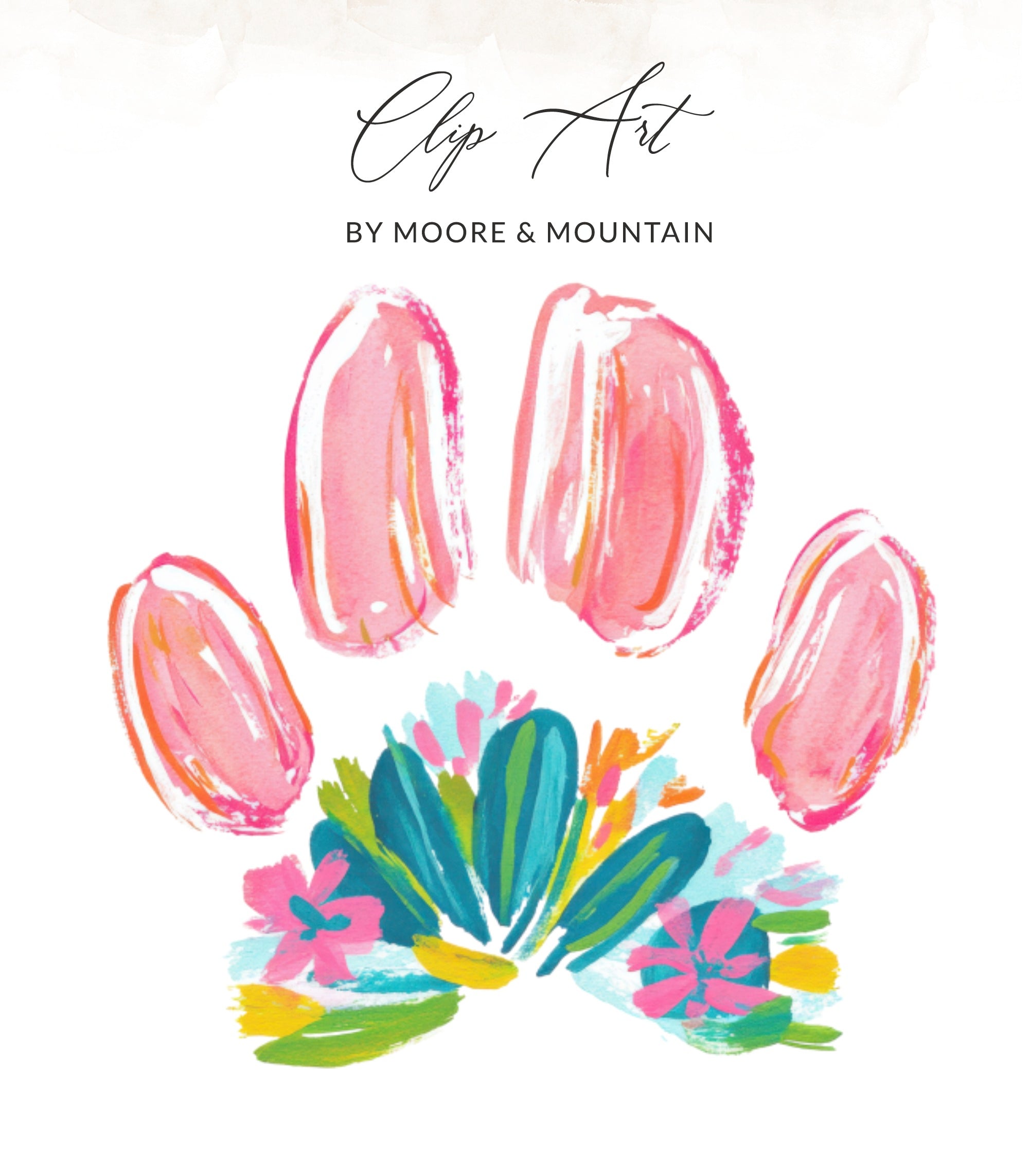 Pink and orange paw print with watercolor flowers and text "Clip Art".