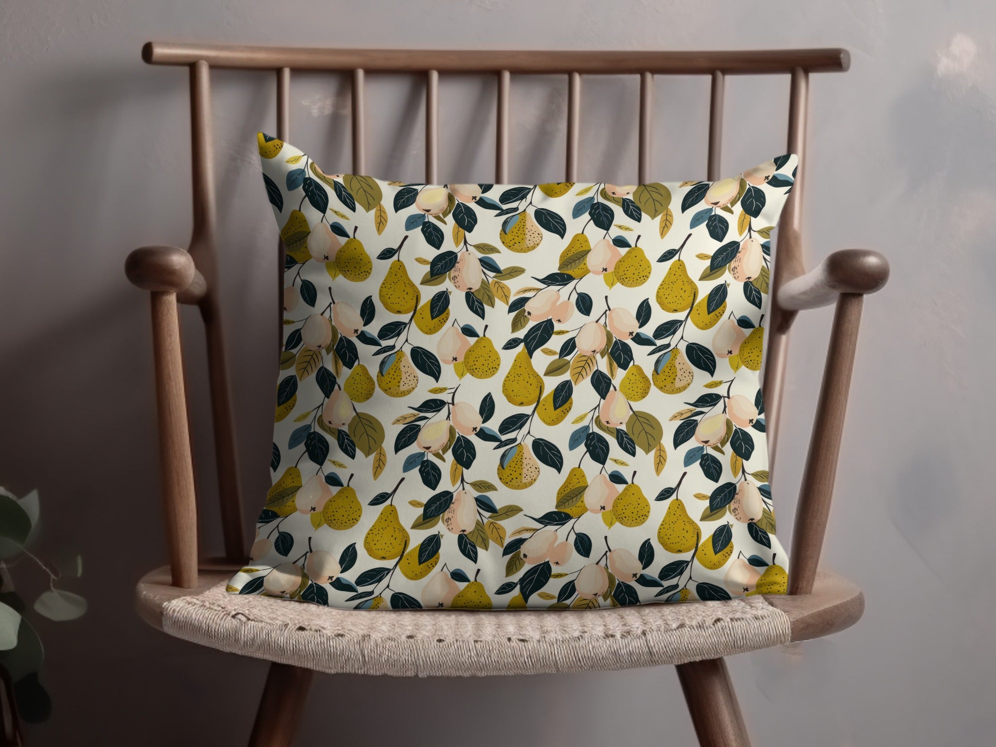 Decorative Throw Pillow with Pear and Leaf Pattern Design