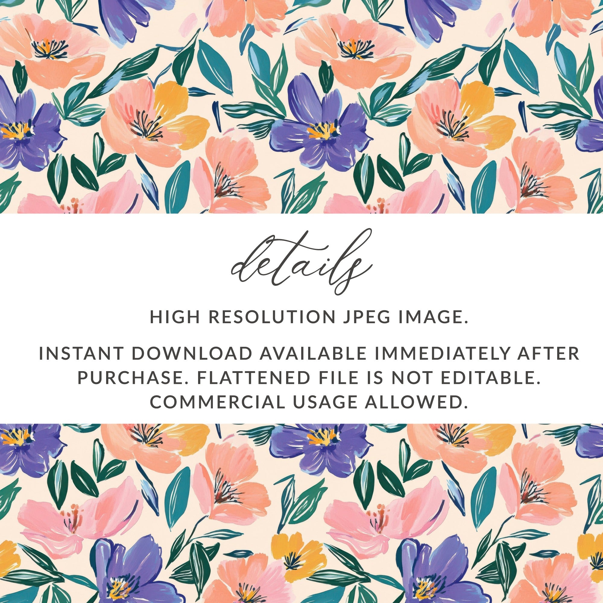 Floral pattern with text about JPEG image details and usage.