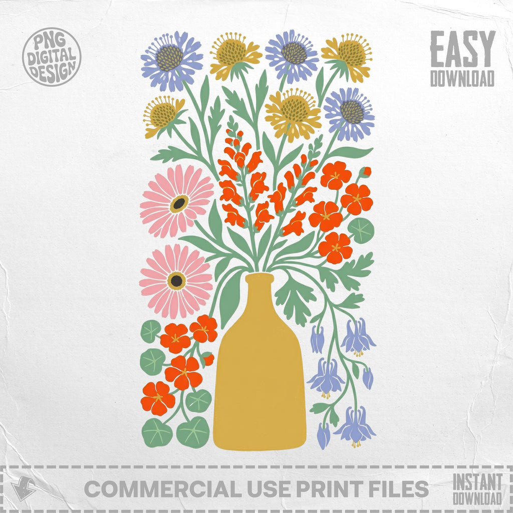 Yellow vase with colorful floral illustration of flowers and leaves.