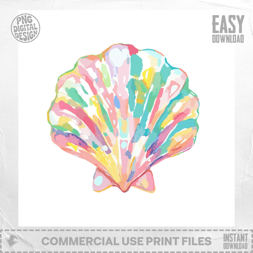 Watercolor seashell illustration with colorful abstract brushstrokes.