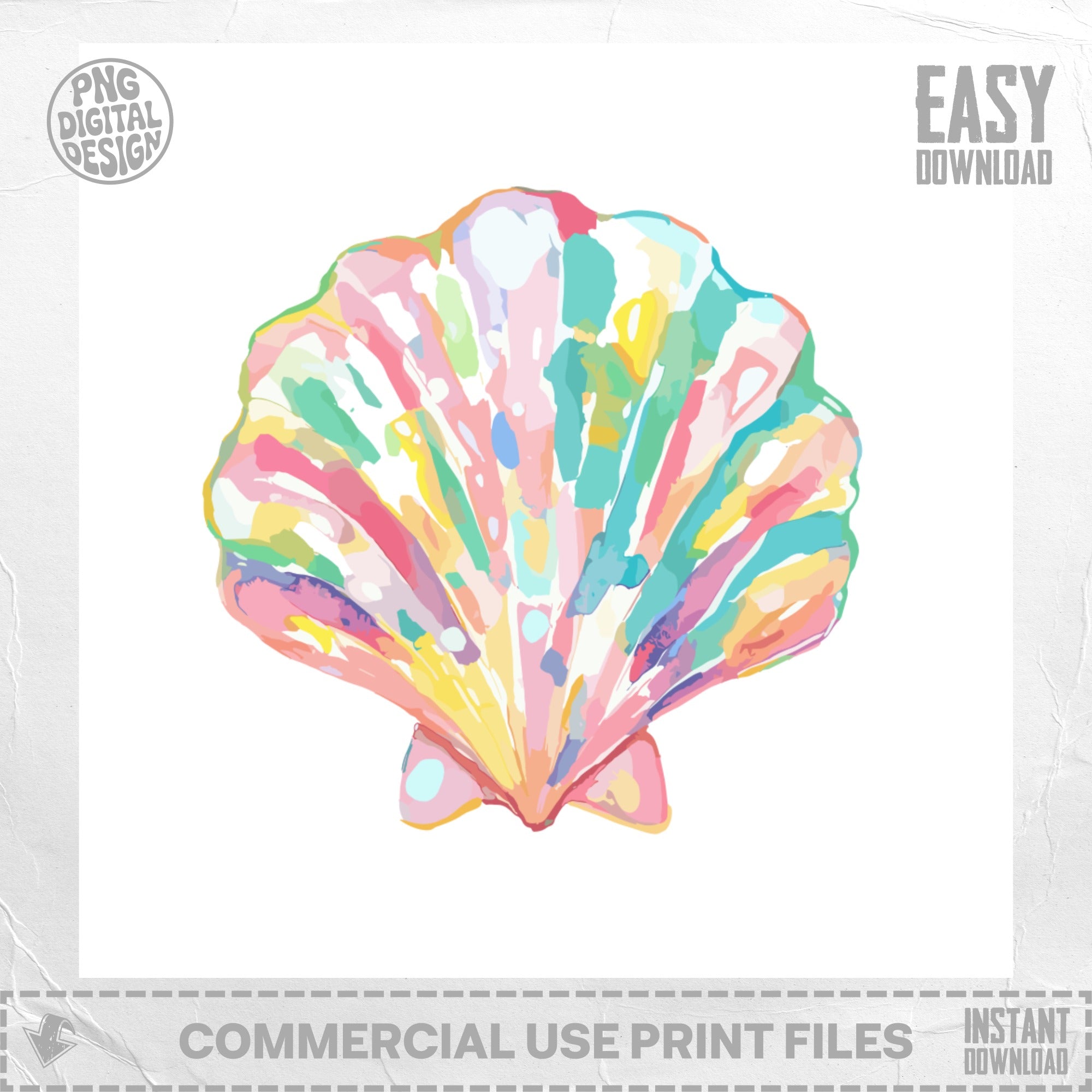 Watercolor seashell illustration with colorful abstract brushstrokes.
