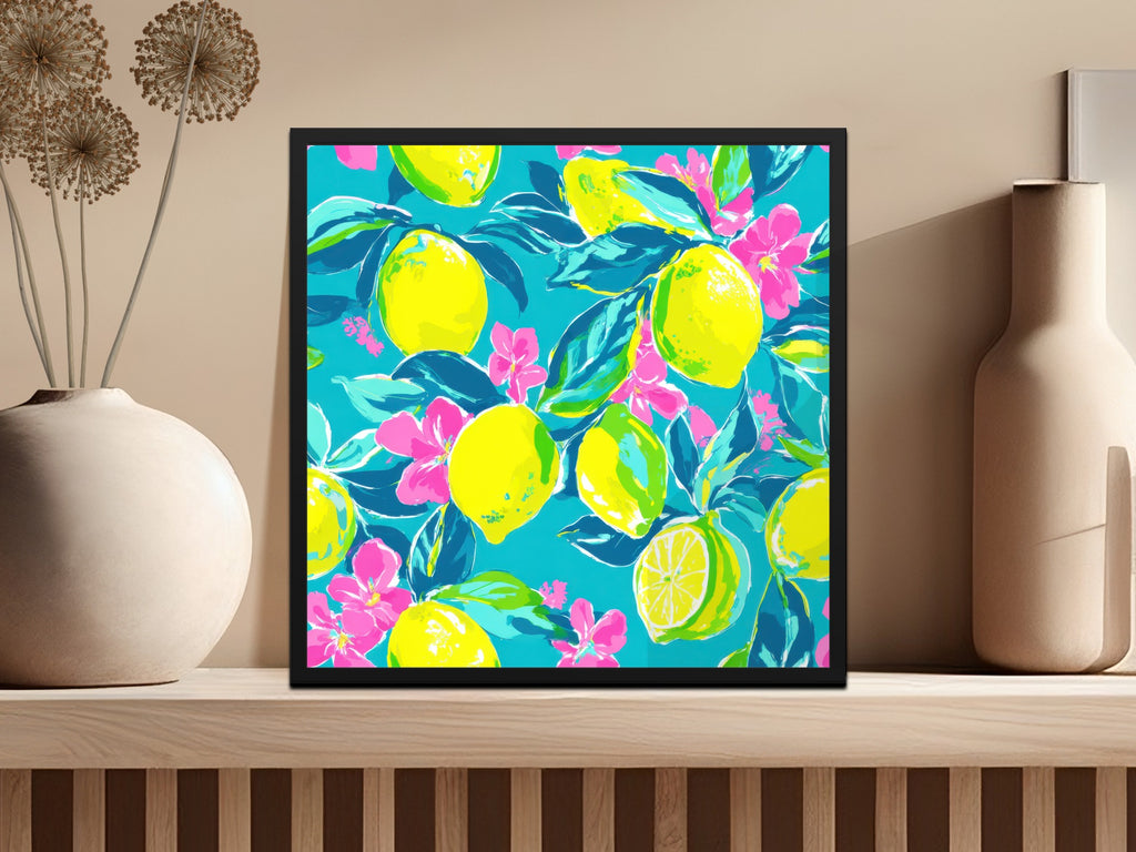 Framed artwork of bright yellow lemons and pink flowers on a turquoise background.