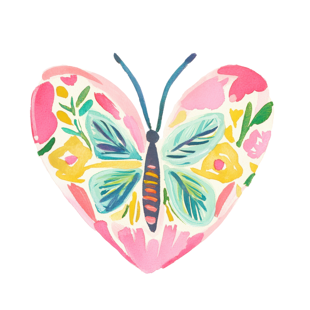 Heart-shaped butterfly illustration with floral patterns and black background.