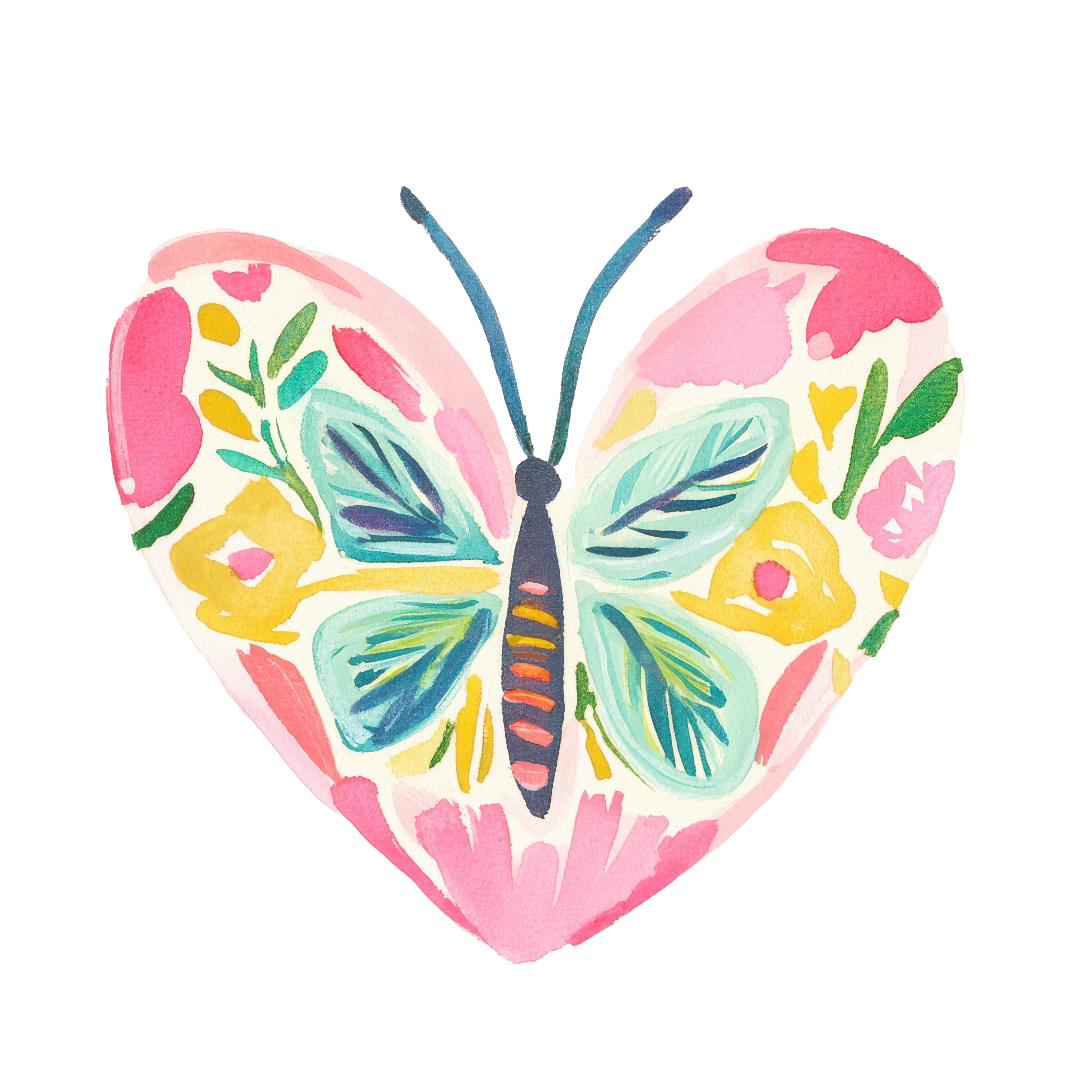 Heart-shaped butterfly illustration with floral patterns and black background.