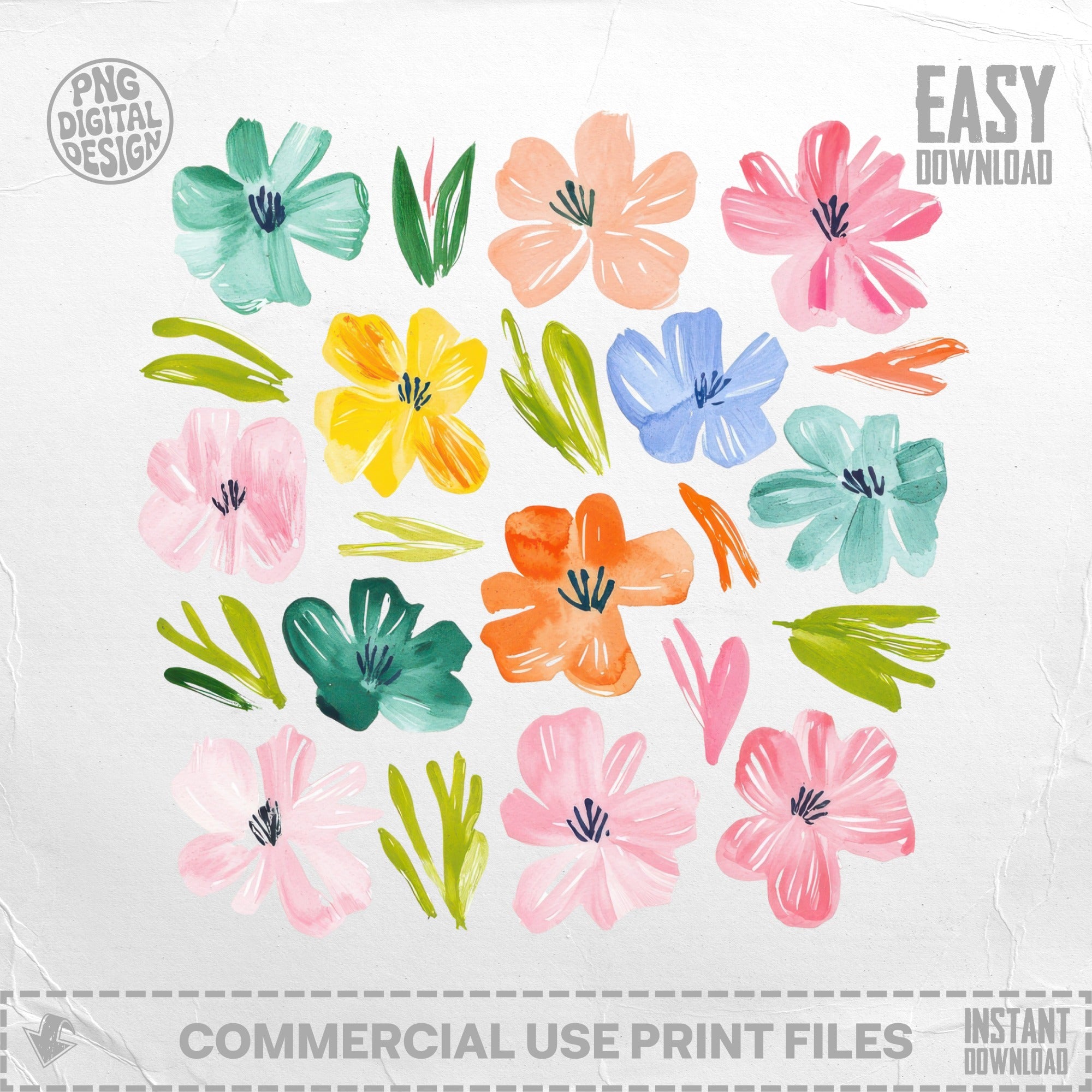 Watercolor floral elements in pastel colors with "EASY DOWNLOAD" text.