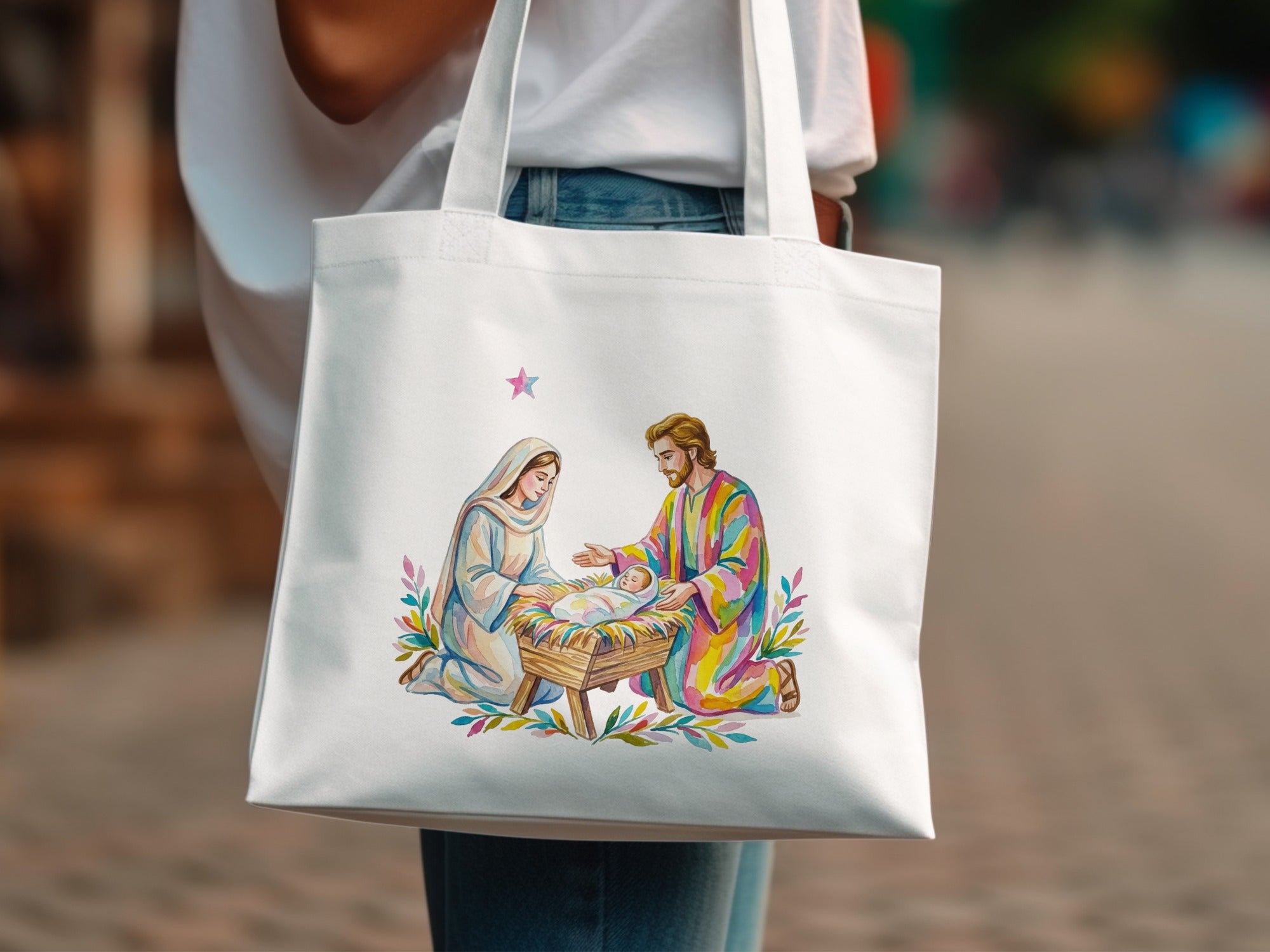 Nativity scene with Mary, Joseph, and baby Jesus in a colorful watercolor style.