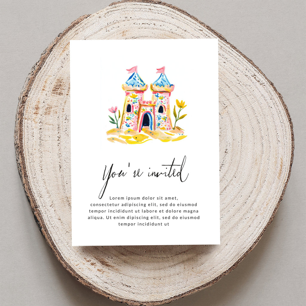 Watercolor sandcastle invitation with "You're invited" text.
