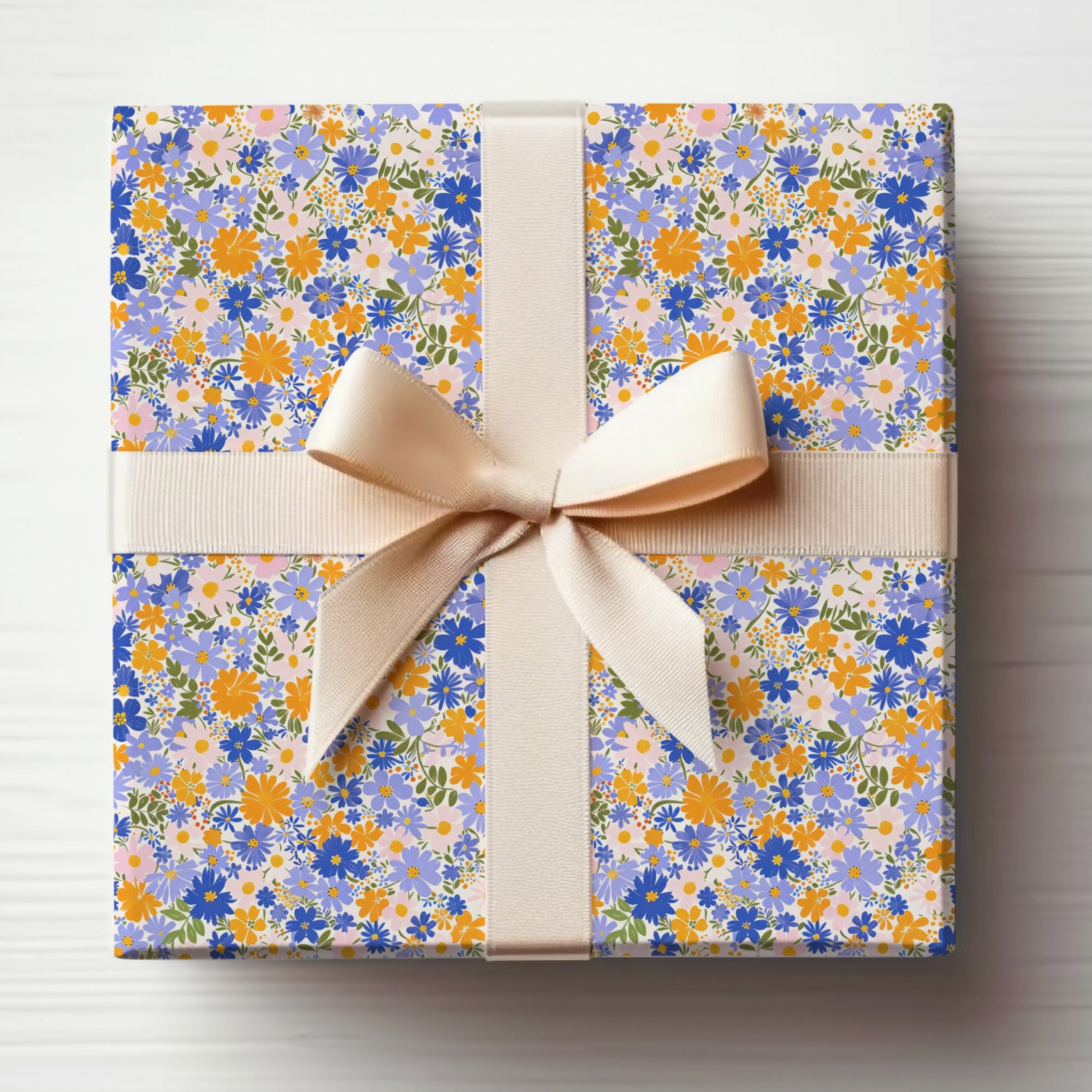 Floral Pattern Gift Box with Cream Ribbon Wrap