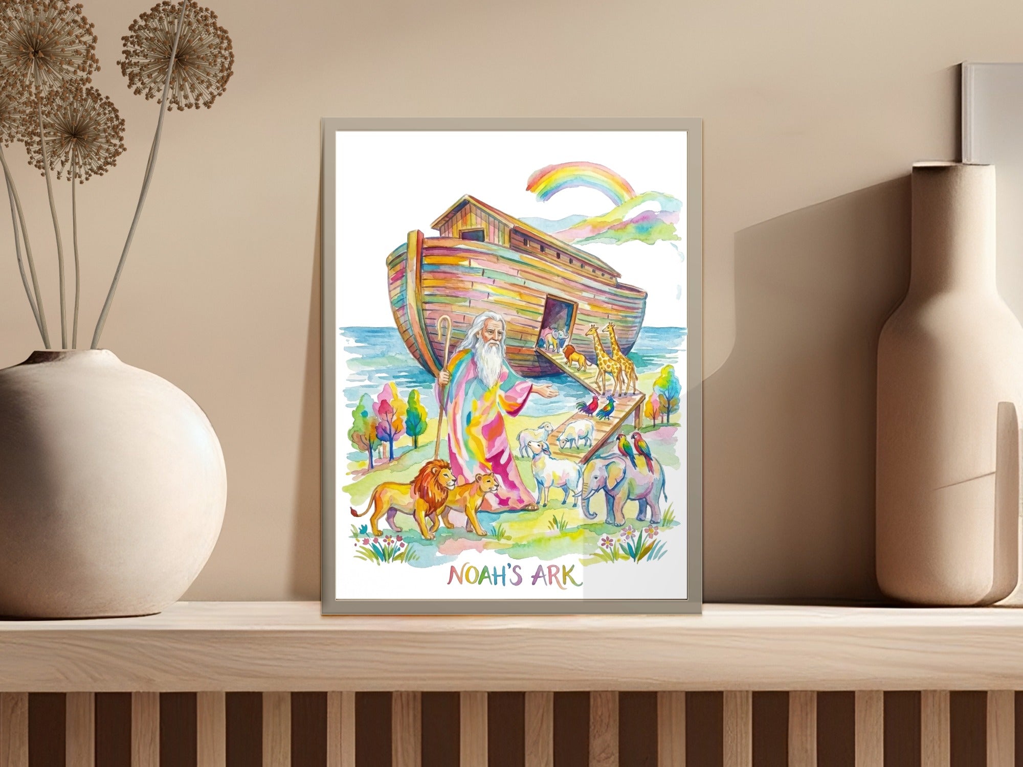 Noah's Ark with animals and a rainbow above.