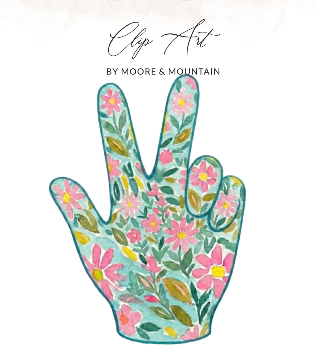 Hand with peace sign filled with pink flowers and green leaves.