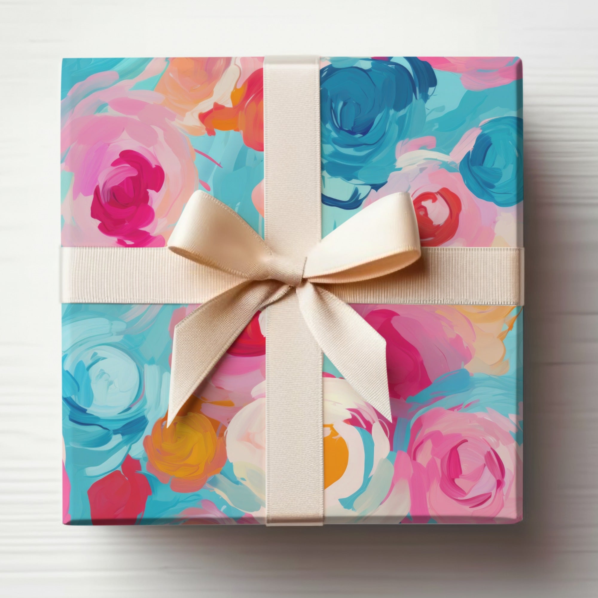 Colorful Abstract Floral Gift Wrap with Ribbon Design